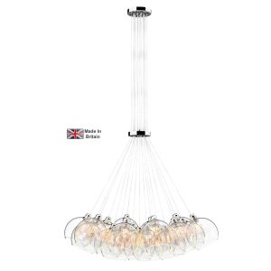 Apollo 19 light large cluster pendant in polished chrome with clear glass shades on white background lit