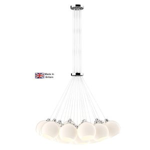 Apollo 19 light large cluster pendant in polished chrome with opal glass shades on white background lit