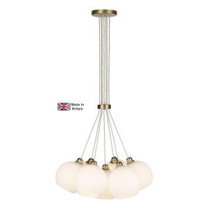 Apollo 7 light cluster pendant in solid butter brass with opal glass shades on white background lit