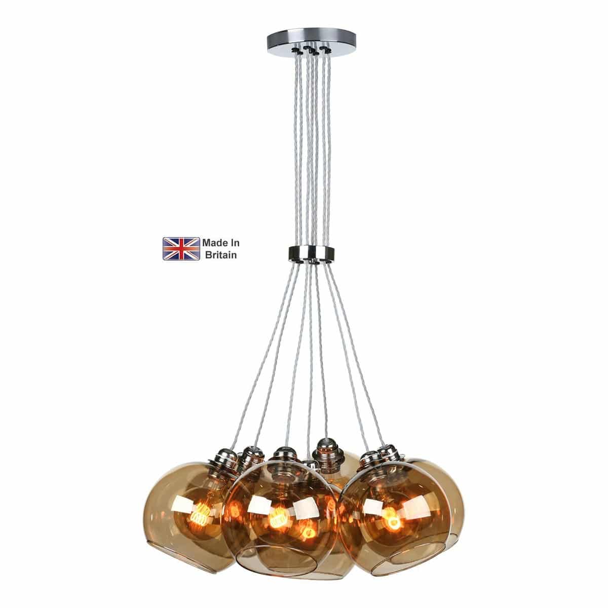 Apollo 7 Light Cluster Pendant Polished Chrome Amber Glass