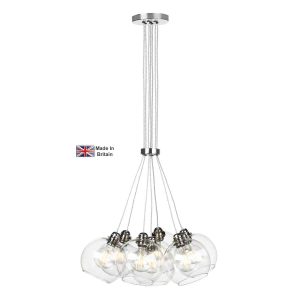 Apollo 7 light cluster pendant in polished chrome with clear glass shades on white background lit