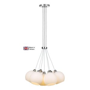 Apollo 7 light cluster pendant in polished chrome with opal glass shades on white background lit