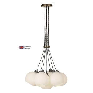 Apollo 7 light cluster pendant in solid antique brass with opal glass shades on white background lit