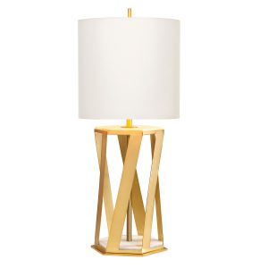 Apollo 1 light hexagonal table lamp in brushed brass finish with white drum shade, main image on white background.