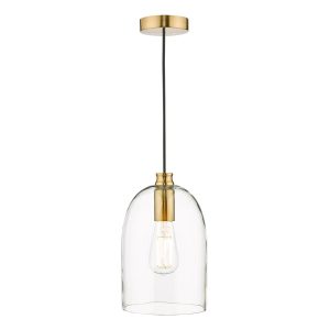 Archie 1 light kitchen pendant in satin bronze finish with clear glass shade on white background