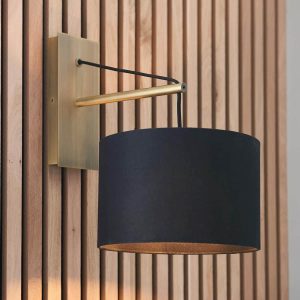 Matt brass 1 light hanging wall light with black drum shade main image