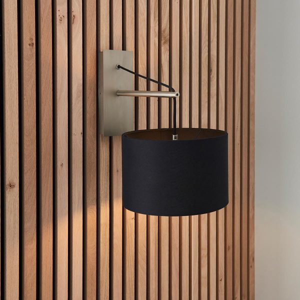 Matt nickel 1 light hanging wall light with black drum shade main image