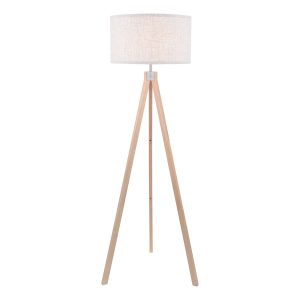 Armitage tripod floor lamp in light wood with natural linen shade on white background lit