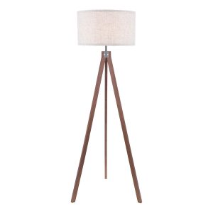 Armitage tripod floor lamp in dark stained wood with natural linen shade on white background lit