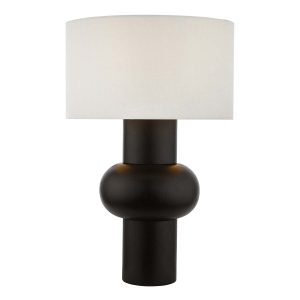 Arran 1 light matt black wood table lamp with white linen drum shade, lit on white background