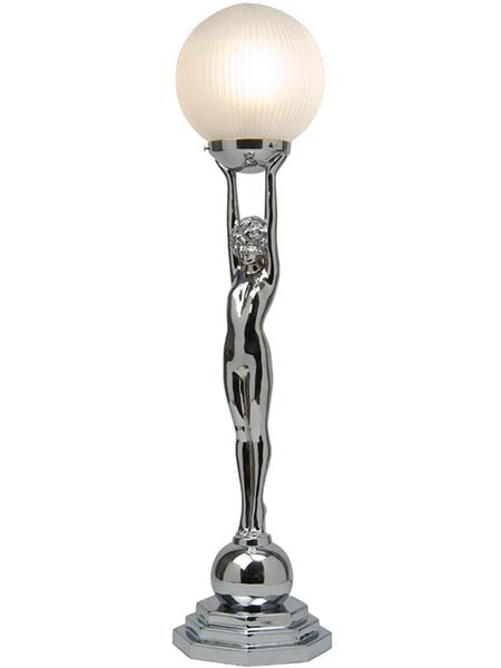 Art deco lady table lamp in polished chrome with reeded glass globe shade