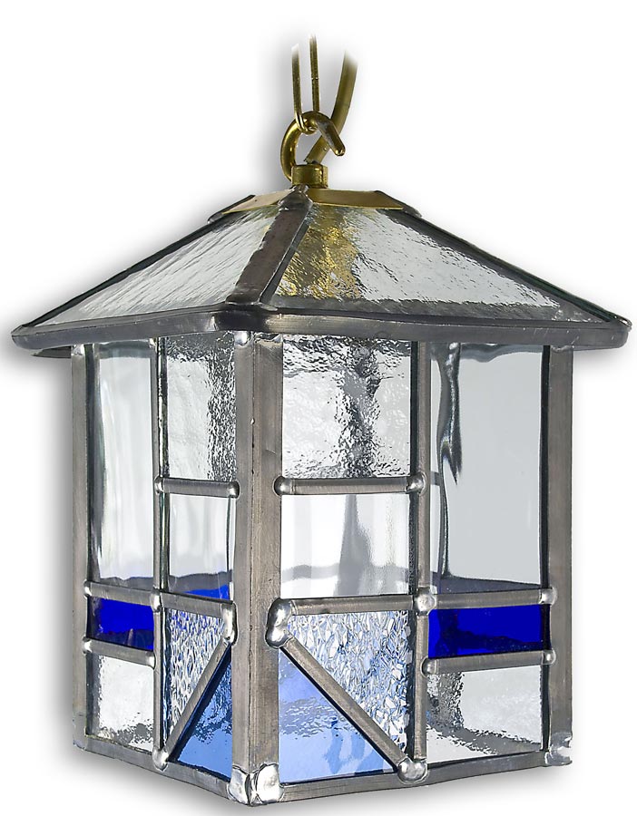 Arundel Hanging Porch Light Square Blue Leaded Glass