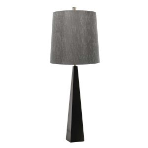Elstead Ascent contemporary tapered black finish table lamp with dark grey shade, main image on white background.
