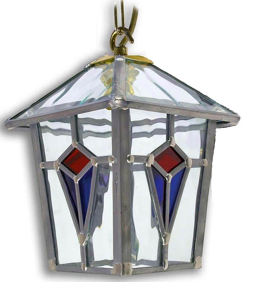 Ascot Handmade Red And Blue Leaded Glass Hanging Porch Lantern