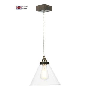 Aspen silver birch effect single light ceiling pendant with clear glass shade on white background lit