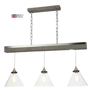 Aspen silver birch wood effect 3 light ceiling pendant bar with glass shades on white background lit