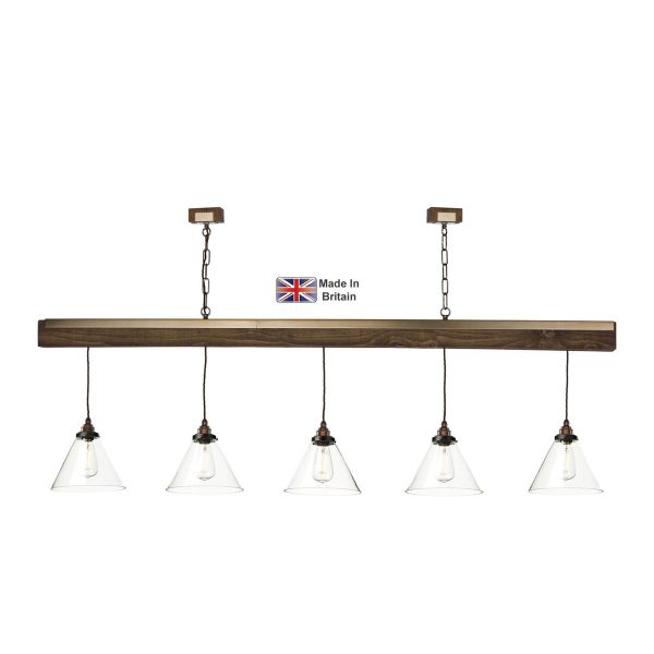 Aspen 3 light ceiling pendant bar in natural wood effect with glass shades on white background lit