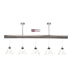 Aspen 3 light ceiling pendant bar in silver birch wood effect with glass shades on white background lit
