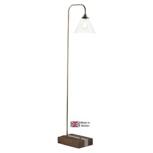 Aspen floor lamp in natural wood effect with clear glass shade on white background lit