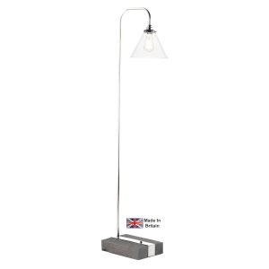 Aspen floor lamp in silver birch wood effect with clear glass shade on white background lit