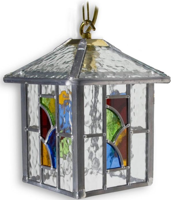 Aspen Handmade Multi Coloured Leaded Glass Hanging Porch Lantern on white background