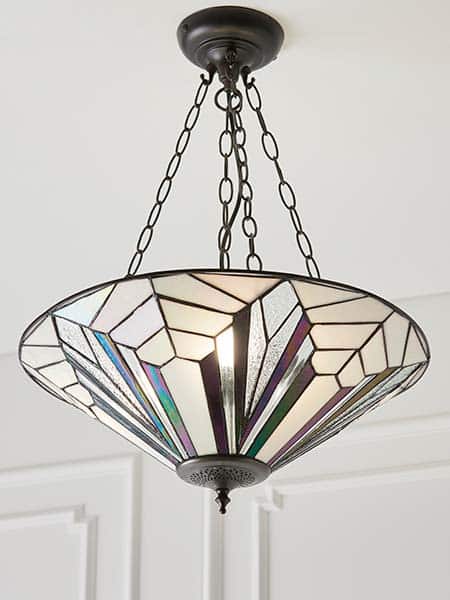 Astoria 3 light inverted Tiffany ceiling pendant fitted to a ceiling and lit