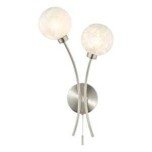 Avari switched twin wall light in satin nickel with glue chip glass globes on white background