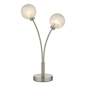 Avari modern 2 light table lamp in satin nickel with glue chip glass on white background