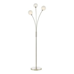 Avari 3 light floor lamp in satin nickel with glue chip glass shown on white background