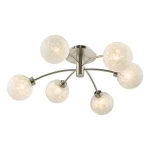 Avari 6 light semi flush low ceiling light in satin nickel shown on white background