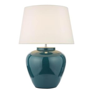 Ayla 1 light teal ceramic table lamp base with white faux silk shade shown lit on white background