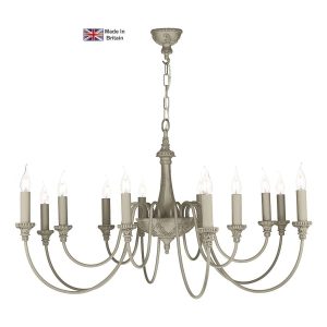 Bailey classic 12 light large chandelier in a bespoke colour choice shown in pebble finish