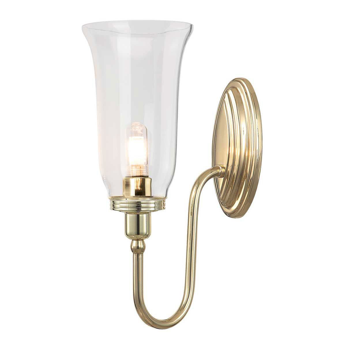 Elstead Blake Bathroom Wall Light Storm Glass Swan Neck Polished Brass