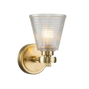 Elstead Gunnislake bathroom wall light in brushed brass, main image on white background.