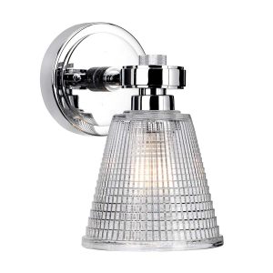 Elstead Gunnislake polished chrome bathroom wall light, shown without finial facing down.