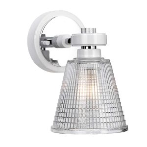Elstead Gunnislake white and polished chrome bathroom wall light, shown facing down with short finial.