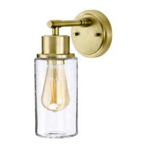 Elstead Morvah bathroom wall light in brushed brass with bubble glass, shown lit on white background.