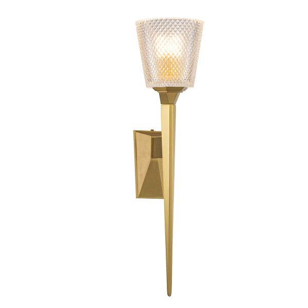 Elstead Verity large torchiere bathroom wall light in brushed solid brass on white background, lit.