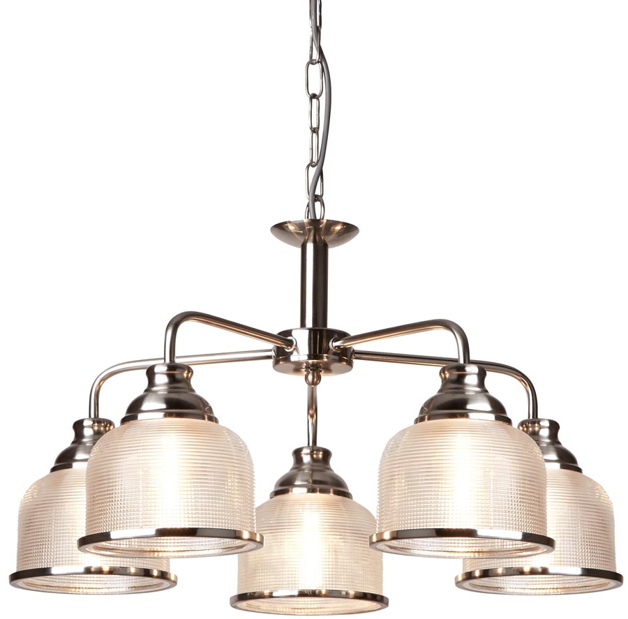 Bistro II Satin Silver 5 Light Chandelier Retro Style Holophane Glass