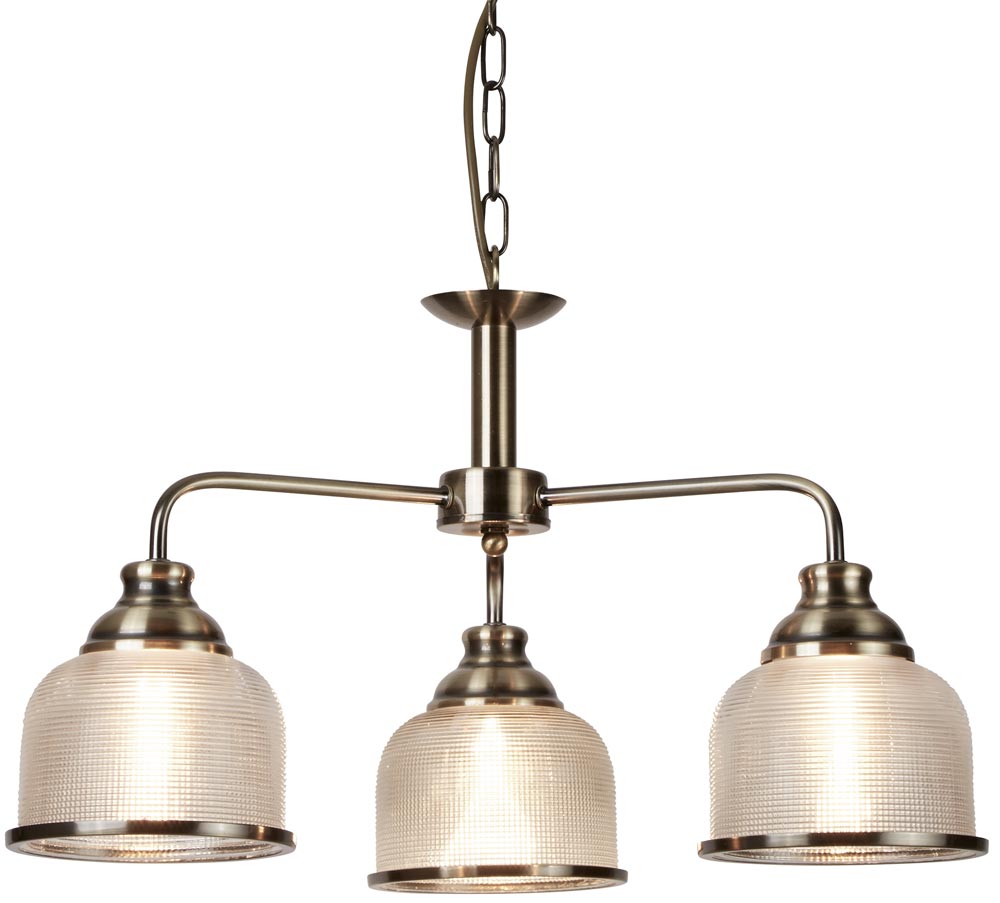 Bistro II Antique Brass 3 Light Chandelier Retro Style Holophane Glass