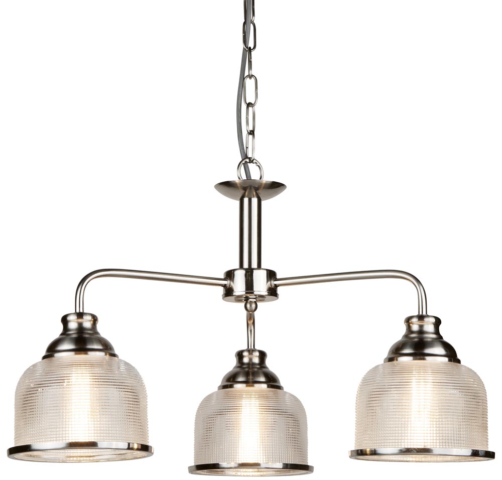 Bistro II Satin Silver 3 Light Chandelier Retro Style Holophane Glass