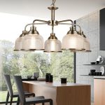 Bistro II Antique Brass 5 Light Chandelier Retro Style Holophane Glass