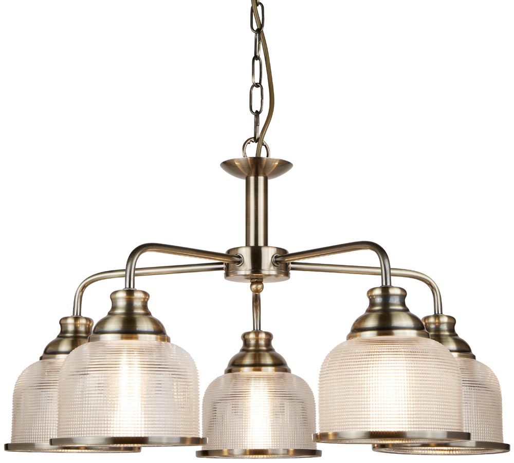 Bistro II Antique Brass 5 Light Chandelier Retro Style Holophane Glass