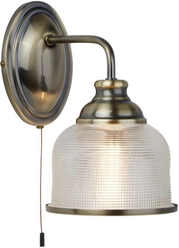 Bistro II Antique Brass Switched Wall Light Retro Style Holophane Glass