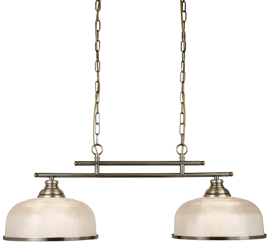 Bistro II Antique Brass 2 Light Pendant Bar Retro Style Holophane Glass