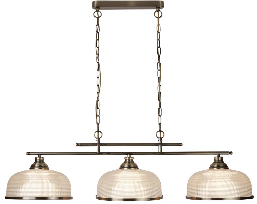 Bistro II Antique Brass 3 Light Pendant Bar Retro Style Holophane Glass