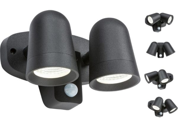 Black Outdoor Wall Twin LED Spot Light PIR Manual Override IP65