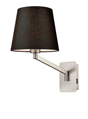 Franklite Blyton swing arm wall light in satin nickel with USB and black linen shade on white background.