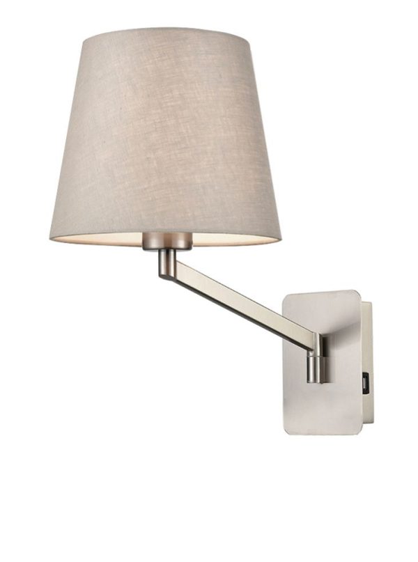 Frnklite Blyton swing arm wall light in satin nickel with USB and grey linen shade on white background.