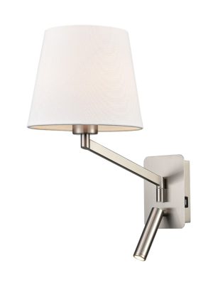 Franklite Blyton swing arm wall light with LED reading light and USB port in satin nickel on white background.